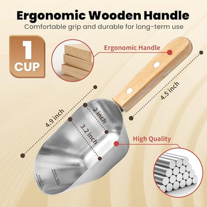 Dog Food Scoop 1 Cup with Clear Measurement Lines, Food Measuring Cup with Long Wooden Handle, 304 Stainless Steel Pet Food Scoop for Dog Cat Food, Coffee, Flour