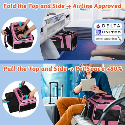Petskd Top and Side Expandable Pet Carrier 18x11x11 Inches Delta United Airline Approved, Soft-Sided Carrier for Small Cats and Dogs with Locking Safety Zippers and Anti-Scratch Mesh(Pink) - color: Pink, size: 18.0"L x 11.0"W x 11.0"H