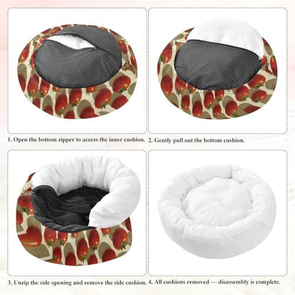 Pet Bed Tomatos Beige Print, 18" Small Dog Cuddler with Anti-Slip Bottom, Cute Pattern Round Sofa for Indoor Puppies & Kittens, All-Season Comfort - size: Small