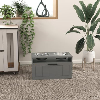 PawHut Elevated Dog Bowls, Raised Dogs Bowl Stand with 2 Stainless Steel Bowls, Storage Drawer and Slow Feeder Mat, Dog Feeding Station for Large and Extra Large Dogs, Gray