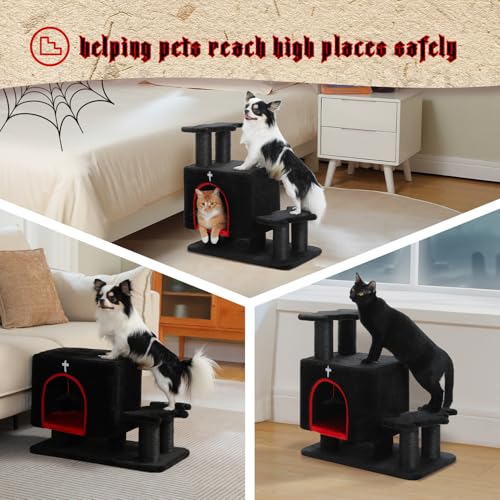 Gothic 3-in-1 Dog Stairs & Cat Scratching Post with Condo - Pet Steps for High Beds, Sofa & Couch, 3-Tier Cat Tower with Sisal Scratching Pad for Small Dogs, Cats & Kittens, Black - color: Black