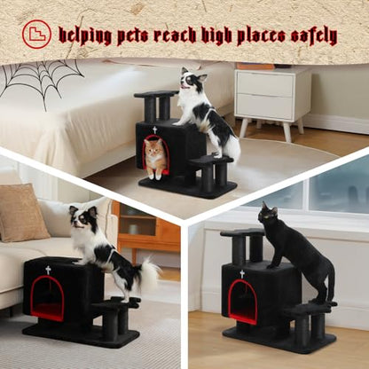 Gothic 3-in-1 Dog Stairs & Cat Scratching Post with Condo - Pet Steps for High Beds, Sofa & Couch, 3-Tier Cat Tower with Sisal Scratching Pad for Small Dogs, Cats & Kittens, Black - color: Black