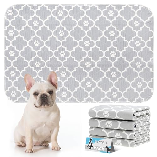 Washable Pee Pads for Dogs - 36”x24” 4PCS, Whelping Pad for Puppy Training, Playpen Crate Bed Floor Protector, Reusable Dog Potty Pads Non-Slip, Super Absorbent & Odor Controlling, Gray Floral - color: Gray Floral W/ Paw, size: 24"x36" (4 PCS)