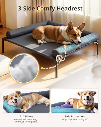 Cooling Elevated Dog Bed, 26.8x34 Raised Dog Bed with Removable Bolster Cushion, Breathable Mesh, Non-Slip Feet, and Metal Frame for Medium Breeds Indoor Outdoor - size: Medium
