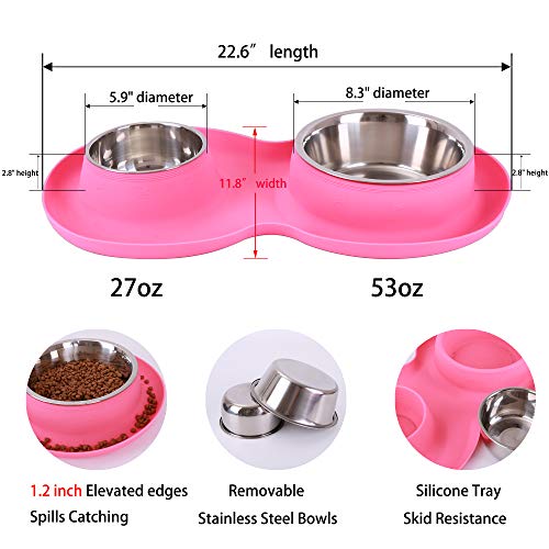 100% Waterproof BPA Free Pet Dog Bowls2 Stainless Steel（53oz+27oz） with 1.35“ Raised Edge Silicone Mat + Slow Feed Dog Water and Food Bowls for Feeding Large Dogs Cats Puppies (Pink) - color: Pink