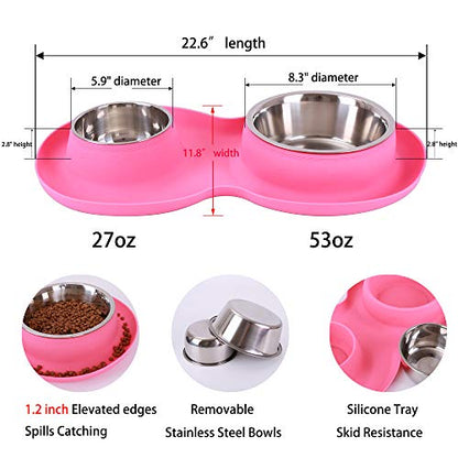 100% Waterproof BPA Free Pet Dog Bowls2 Stainless Steel（53oz+27oz） with 1.35“ Raised Edge Silicone Mat + Slow Feed Dog Water and Food Bowls for Feeding Large Dogs Cats Puppies (Pink) - color: Pink