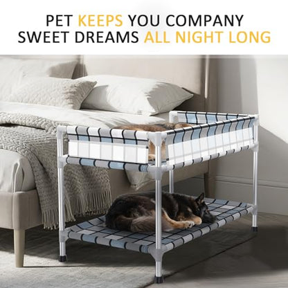 Bedside Window Dog Bunk Bed - Double Elevated Human Dog Bed with Guardrail 2 Layers Window Perch Dogs Cot 2-Tier Bedside Sleeper for Multi-Pet Households (34" x 20" x 24", Double Layer) - size: 34" x 20" x 24"