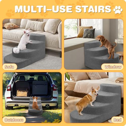 Dog Stairs 4 Steps Foam Pet Ramp for Small Dogs Cats, Grey | Non-slip foam stairs with washable cover, ideal for beds & sofas. Sturdy, safe & easy to clean. - color: Gray-4-Step