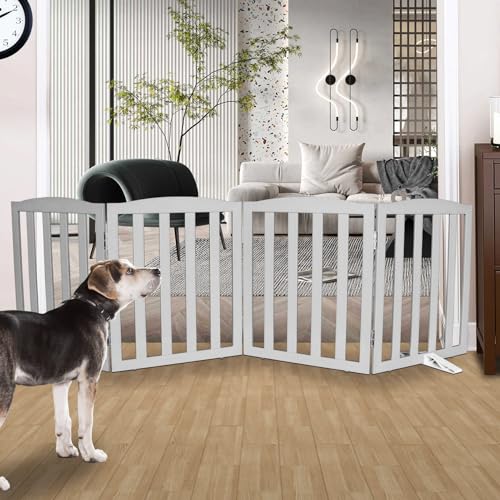 Freestanding Dog Gate Indoor,Doggie Gate Foldable Pet Gates for Doorways,Stairs or Hallways, Wooden Grey Pet Gate for the House, Pet Fence with Support Feet Included,24 "Height-4 Panels - color: Gray, size: 【4 Panels】80‘’w x 24''h