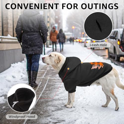 SCENEREAL Thanksgiving Dog Hoodie with Leash Hole Male Female - Warm & Soft Fleece Pet Sweater Clothes Sweatshirt with Leaf Pattern, Cold Weather Coat for Small Medium Large Dogs Puppies, L - color: Black (Maple Leaf Print), size: Large