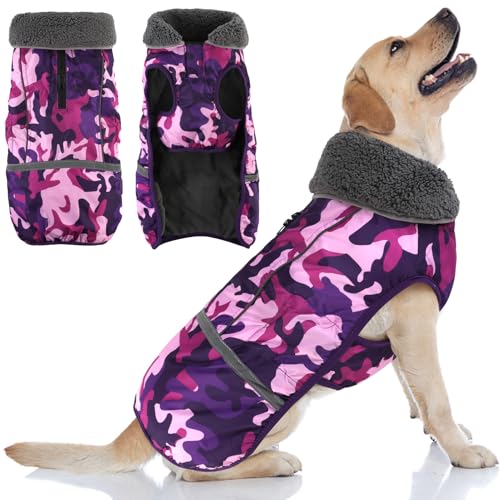 Doglay Dog Coat, Waterproof Dog Jacket Pet Winter Coat for Cold Weather with Thicken Furry Collar, Reflective Puppy Winter Jacket Warm Fleece Lining for Small Medium Large Pets - color: Camouflage Purple, size: S(Chest : 11-18.11" , Back : 9.84")