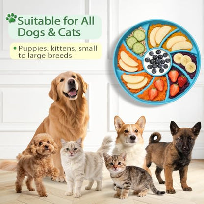 Slow Feeder Dog Bowl Silicone Suction Cup Anti Spill Dogs Cats Blue | strong suction base prevents sliding, extends mealtime, reduces anxiety, textured surface, dishwasher safe - color: Blue