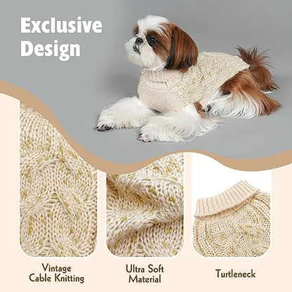 KYEESE Dog Sweater Pullover Winter Coat Turtleneck Knitwear with Golden Yarn for Small Dog, Beige, Medium - color: Beige, size: Medium