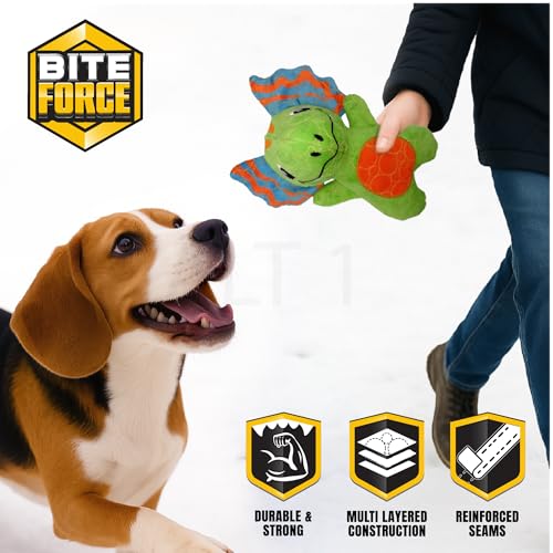 Bite Force - Durable & Strong Dog Toy Green Dino with Squeaker, Kevlar-Reinforced for Aggressive chewers. - color: Medium - Dilophosaurus