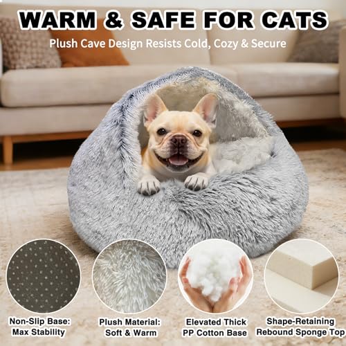 Cat Beds for Indoor Cats - Self Warming and Calming Small Dog Bed with Cover Cave, Cat Cave Bed for Puppy and Kitty,Cozy Fluffy Pet Beds for Small Dogs, Waterproof Bottom Washable 26×26inch - size: 65cm-gray