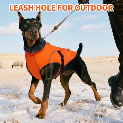 DENTRUN Warm Dog Winter Coat, Easy On Reflective Turtleneck Fleece Jacket | Adjustable buckle, easy on off, windproof & water-repellent, thick fleece snowsuit, outfit fits small to large breeds - color: Orange, size: Medium