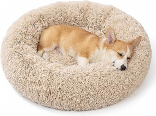 SAVFOX 23 inches Calming Donut Dog Bed - 3X Durable Plush Faux Fur, Machine Washable & Non-Slip, Fits up to 25 lbs, Beige - color: Beige, size: Small | 23"x23"