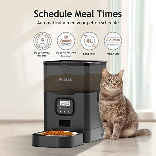 VOLUAS Automatic Cat Feeders - Pet Dry Food Dispenser with Timer, Automatic Cat Feeders with Desiccant Bag, Programmable Portion Size Control 4 Meals Per Day, 10s Voice Recorder | Programmable Portion Control, Up to 4 Meals Daily, Dual Power Supply, Power