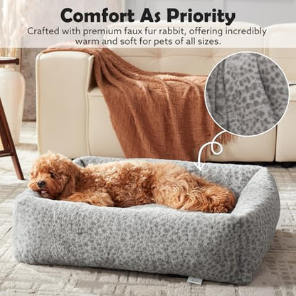 JOEJOY Dog Bed Medium Size Dog, Removable Washable Cover Orthopedic Soft Pet Bed, Anti-Slip Fluffy Plush Faux Rabbit Fur Puppy Bed, 30"x24"x8", Leopard Print, Grey - color: Grey, size: M (30"x24"x8")