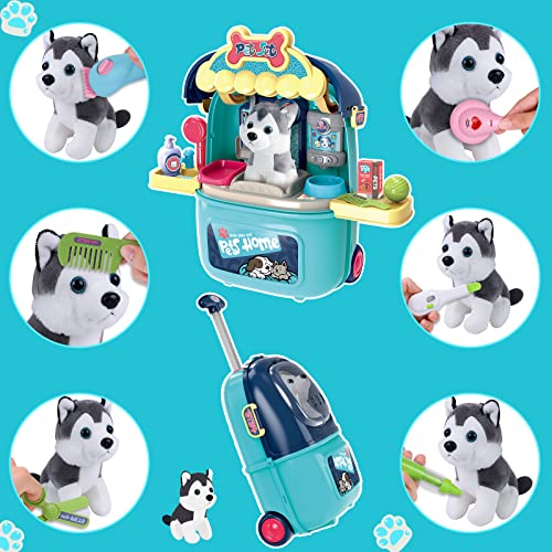 MAGIC4U Pet Cat Care Carrier Suitcase Toy, 29PCS Doctor Vet Kit for Kids, Pet Dog Grooming Feeding Toys, Veterinarian Pretend Play Set, Gifts for Boys and Girls Ages 3-12 | Puppy Vet Toys, Animal Doctor Kit for Toddlers,, Dog Grooming Toys, Pretend Pet Ho