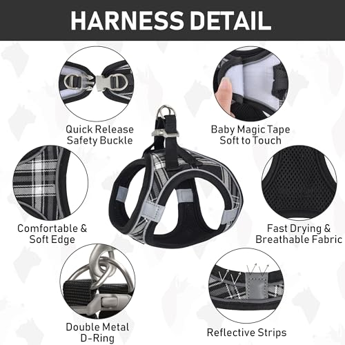 GAMUDA Small Dog Harness Collar and Leash Set, Step in No Chock No Pull Soft Mesh Adjustable Dog Vest Harnesses Plaid Reflective for Dogs Puppy Cats Kitten Rabbit (Black, M) - color: Black, size: M