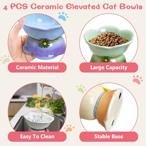 Kathson 4 Pcs Ceramic Raised Cat Food Bowls Elevated Kitty Bowl for Food and Water Anti Vomiting Tilted Cat Bowl for Kittens and Small Dogs Dishwasher and Microwave Safe (8.45 Ounces) - size: Blue,Green,Peach,Pink