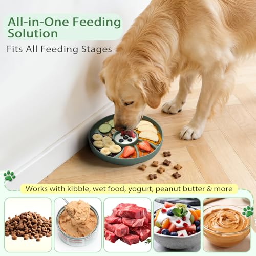 Slow Feeder Dog Bowl Silicone Suction Cup Anti Spill Dogs Cats Green | strong suction base prevents sliding, extends mealtime, reduces anxiety, textured surface, dishwasher safe - color: Green
