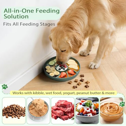Slow Feeder Dog Bowl Silicone Suction Cup Anti Spill Dogs Cats Green | strong suction base prevents sliding, extends mealtime, reduces anxiety, textured surface, dishwasher safe - color: Green