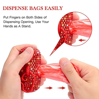 SAVORI Dog Poop Bag Holder Bling Crystal Dog Waste Bags Dispenser for Pet Dog Doggy with Carabiner Clip Includes 1 Roll 15 Bags (Red) - color: Red