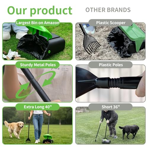 ienjoyed 40" Tall Dog Pooper Scooper with 100 Bags Attachment, Large Capacity Swivel Bin and Rake Metal Pole, Long Handle Pooper Scooper for Large Dogs, Dog Poop Scoop for Yard (Green) - color: Green