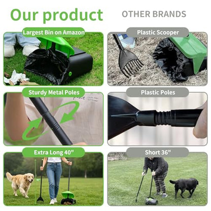 ienjoyed 40" Tall Dog Pooper Scooper with 100 Bags Attachment, Large Capacity Swivel Bin and Rake Metal Pole, Long Handle Pooper Scooper for Large Dogs, Dog Poop Scoop for Yard (Green) - color: Green