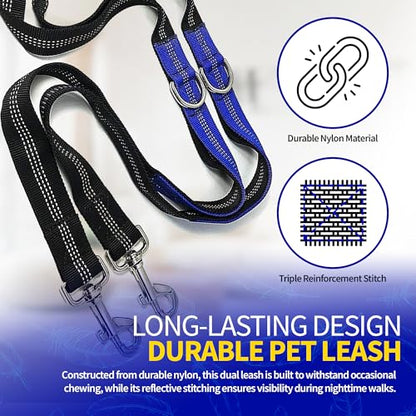 Pet Fit For Life 64" Lightweight Dual Dog Leash for Medium Dogs – Premium No Twist Double Leash with Soft Foam Handle | Shock-Absorbing Bungee & Durable Design | Added Collapsible Water Bowl - size: Small