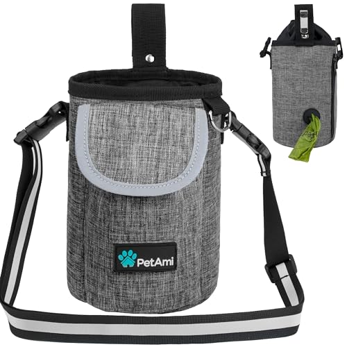 PetAmi Dog Treat Pouch, Large 3-Cup Dog Training Treat Bag with Poop Bag Dispenser, Hands-Free Waist Belt & Crossbody Strap, Reflective with Multiple Pockets & Belt Clip (Heather Grey) - color: Heather Grey