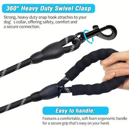 1 Pack 6 FT Heavy Duty Rope Dog Leash, 1/2 Inch Thick Reflective Pet Lead with Padded Handle for Large Medium Breeds, Walking & Training Gear, Black
