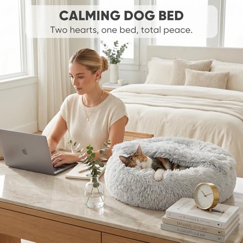 Himax Small Cat & Dog Bed with Cover, Calming Dog Bed for Small Dogs,Anti-Anxiety Donut Dog Bed with Attached Blanket,Washable Round Fluffy Pet Bed (20"/26"/35"), Light Grey - color: Light Grey, size: 20.0"L x 20.0"W x 7.0"Th
