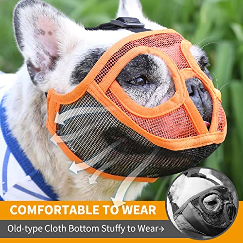 BARKLESS Short Snout Dog Muzzle, Breathable Mesh Flat Faced Muzzle for French Bulldog Shih Tzu and Pug, Mask Bulldog Mouth Cover for Biting Chewing Licking (Orange, XXS) - size: XXS (Head 8.5-12.5'')