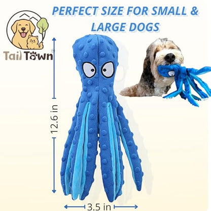 Octopus Dog Toy, No Stuffing Plush Squeaky Crinkle Toy to Keep Dogs Busy, Interactive Chew Toy for Puppies Small Medium Large Dogs, Blue, Tail Town - color: Blue