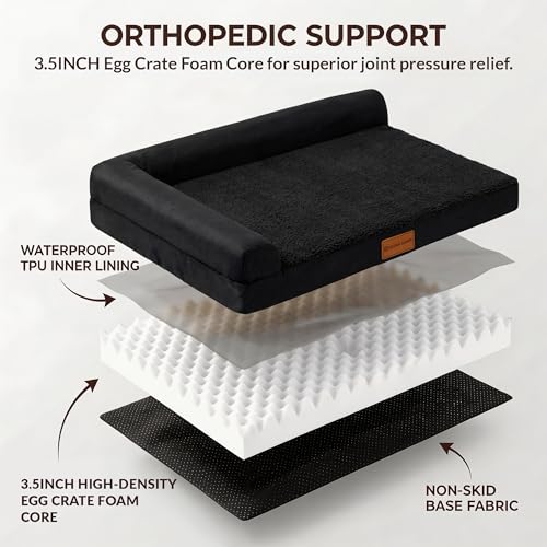 Patas Lague Orthopedic Dog Bed Medium Size Dog 30''X20'', Waterproof L Bolster Medium Pet Sofa Beds with Removable Washable Cover, Soft Pet Couch Crate Mat with Nonskid Bottom, Black - color: Black, size: 30"L x 20"W x 3.5"Th