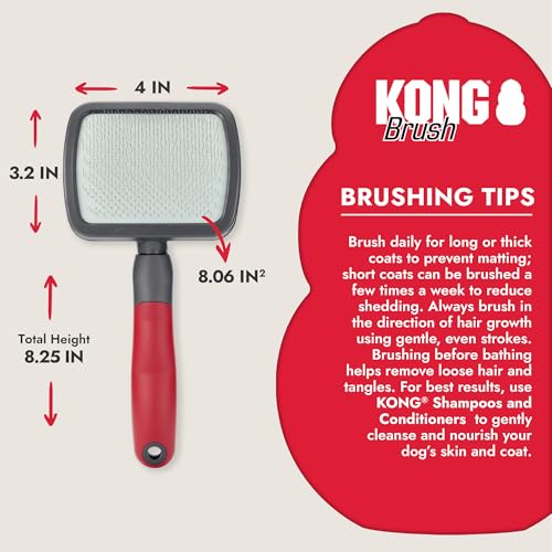 KONG Large Slicker Brush – Removes Loose Hair, Reduces Shedding, Comfortable Non-Slip Grip, Long Metal Pins, for Medium to Large Dogs with Medium to Long Coats, Red/Gray - size: Large Slicker