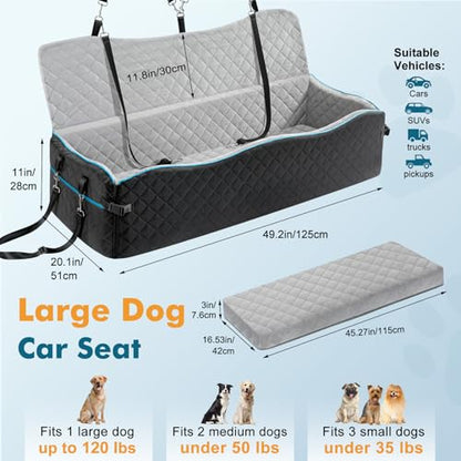 Large Dog Car Seat, Dog Car Bed for Large Dogs Under 120lbs, Pet Booster Seat with Thick Cushion and 2 Safety Leashes, Detachable & Washable Pet Bed for Backseat, Black & Gray - color: Black & Gray, style: For Large Dogs Under 120lbs