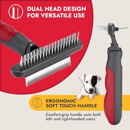 KONG Double-Sided Rake & Deshedding Tool – Detangling & Shedding Control, Rounded Metal Tips, Non-Slip Grip, for Medium to Large Dogs with Medium to Long Coats, Red/Gray - size: Medium Double-Sided Rake
