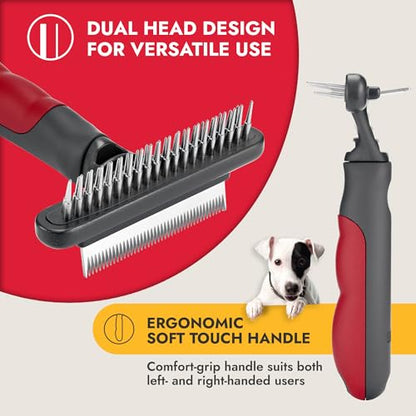 KONG Double-Sided Rake & Deshedding Tool – Detangling & Shedding Control, Rounded Metal Tips, Non-Slip Grip, for Medium to Large Dogs with Medium to Long Coats, Red/Gray - size: Medium Double-Sided Rake