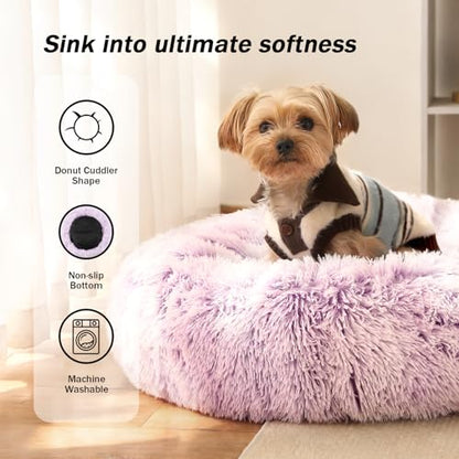 NOYAL Calming Donut Dog Bed for Small to Medium Dogs & Cats - Plush Faux Fur Anti-Anxiety Pet Bed with Machine Washable Cover & Non-Slip Base - color: Gradient Purple, size: Small 19.6''