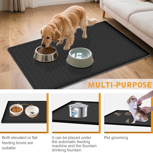 Extra Large Silicone Dog Food Mat 33.9"x21.9" – 0.27" Raised Edge Waterproof Pet Feeding Mat, Non-Slip Placemat for Multiple Bowls, Auto Feeders, Cat Fountains, Dishwasher Safe (Black/Gray) - color: Black