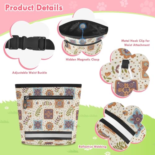 Flower Water-Resistant Dog Treat Pouch, 3 Ways to Wear Treat Bag with Magnetic Closure & Reflective Strip, Hands-Free for Pet Training, Walking