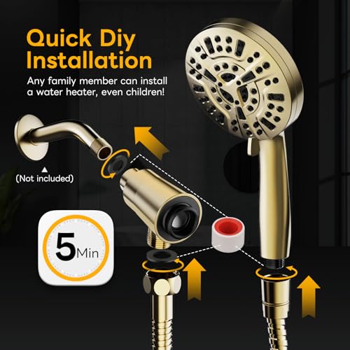 High Pressure 10 Ways Handheld Shower Head Brushed Gold- Anti-clog Nozzles, Built-in Power Wash to Clean Tub, Wall & Overhead Brackets,Magnetitc Rainfall Shower Wand,Built-in 2 Power Jet - color: Brushed Gold