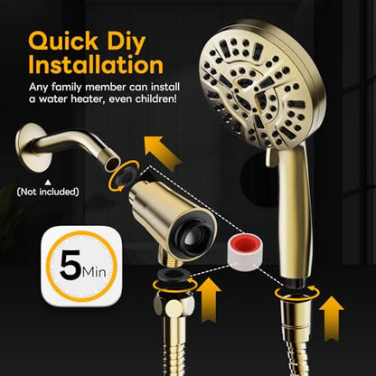 High Pressure 10 Ways Handheld Shower Head Brushed Gold- Anti-clog Nozzles, Built-in Power Wash to Clean Tub, Wall & Overhead Brackets,Magnetitc Rainfall Shower Wand,Built-in 2 Power Jet - color: Brushed Gold