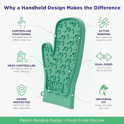 Lixy Pet LickMitt – Dual-Sided Calming & Grooming Mitt for Dogs and Cats – Human-Held Silicone Treat Mitt for Anxiety Relief, Bonding & Shedding – BPA-Free, Food-Grade, Easy Clean – Green - color: Green