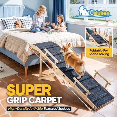 Dog Ramp for Bed with Rails, 64" Long Foldable Pet Ramp for Small Large Dogs, Dog Ramps for High Beds with Safety Side Railng, 6 Adjustable Heights 24" to 30" Up to 220LBS (Gray)