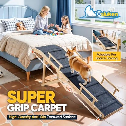 Dog Ramp for Bed with Rails, 64" Long Foldable Pet Ramp for Small Large Dogs, Dog Ramps for High Beds with Safety Side Railng, 6 Adjustable Heights 24" to 30" Up to 220LBS (Gray)